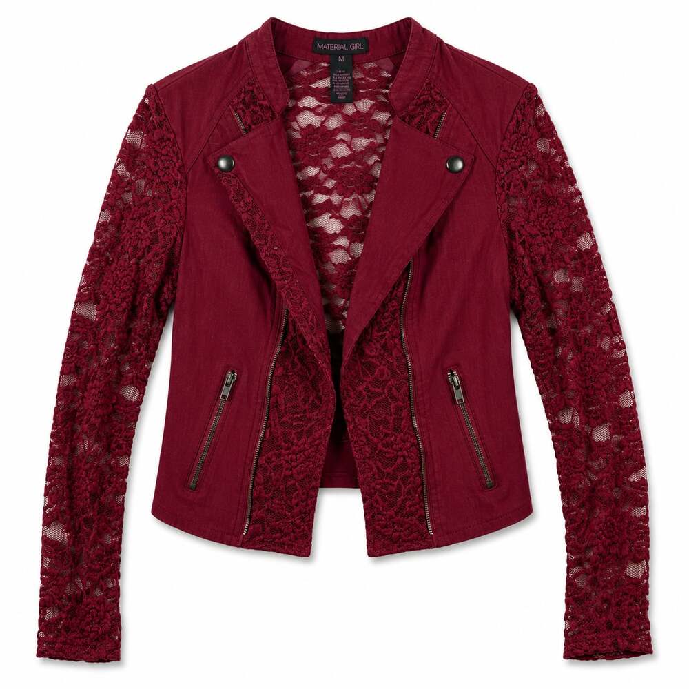 Y2K Material Girl Maroon Lace Moto Jacket